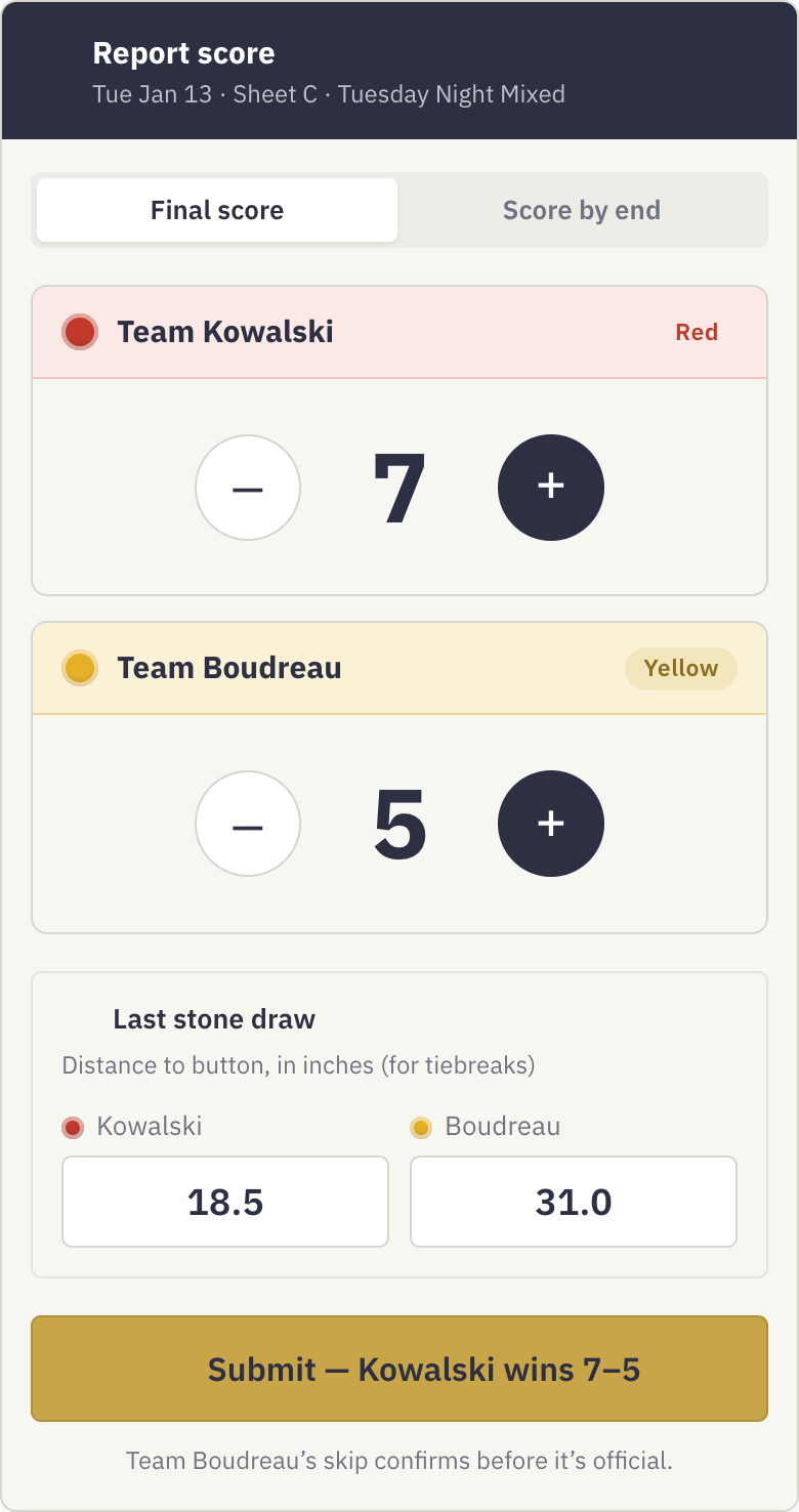 Score entry on a phone: stone-coloured team cards with large plus and minus steppers, last stone draw distances, and a submit button